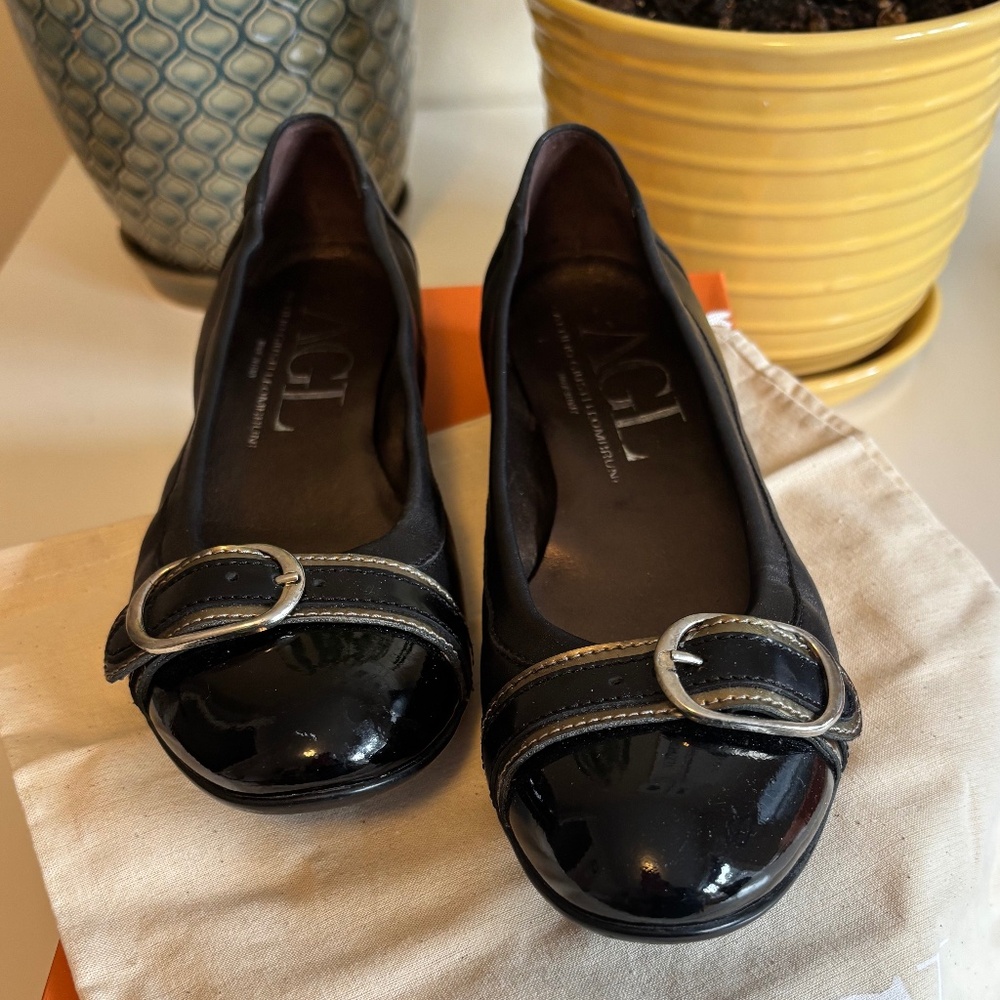 AGL Cap Toe Black Leather Ballet Flats, Size 7.5